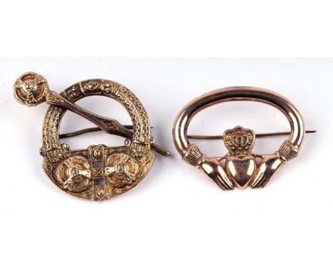 A 9ct gold Irish Claddagh brooch, Registration no. 321631 and maker's mark 'T.D.', 3.5cms wide, 8.4g; together with a 9ct gol