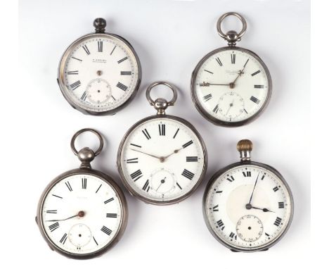 A group of silver cased open faced pocket watches, the white enamel dials with Roman numerals and subsidiary seconds dials, v