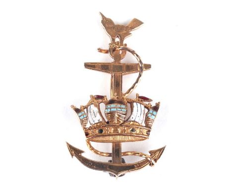 A 9ct gold sweetheart brooch, The Royal Navy Wrens, an anchor with enamel crown and bird finial, 3.5cms high, 3.7g.