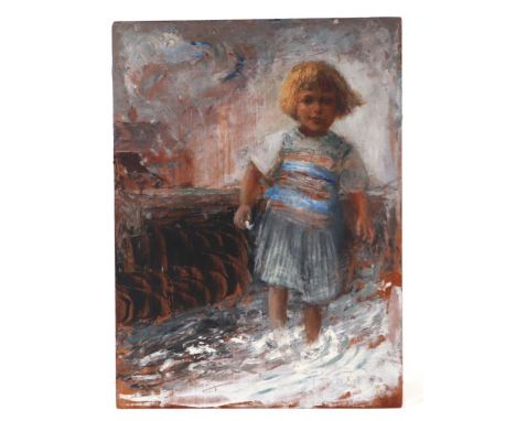 Dulcie Lambrick (British 1901-1981) - Rachel Paddling in the Sea - oil on panel, Royal Society of Portrait Painters label to 