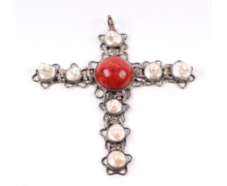 A Baroque style silver coloured metal coral and pearl pendant cross, 10cms wide.
