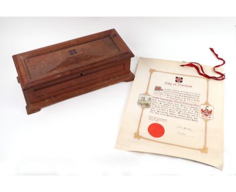 A City of Durham Freedom Box presented to The Right Honourable Anthony Eden in 1945 with vellum scroll, the carved oak box wi