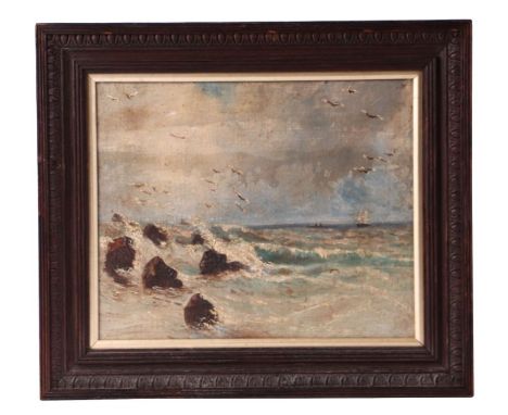 19th century school - Stormy Seascape with Sailing Ship in the Background - oil on canvas, framed, 28 by 23cms.