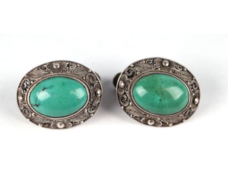 A pair of Chinese silver filigree and malachite cabochon earrings.