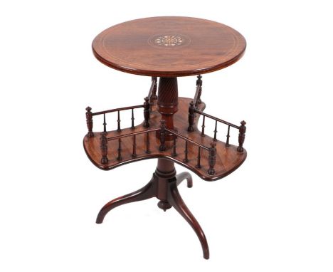 A late Victorian / Edwardian rosewood tripod table with circular top, inlaid decoration and boxwood stringing above a triform