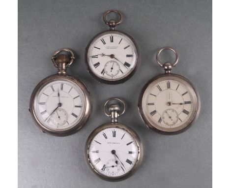 A group of silver cased open faced pocket watches, the white enamel dials with Roman numerals and subsidiary seconds dial, va