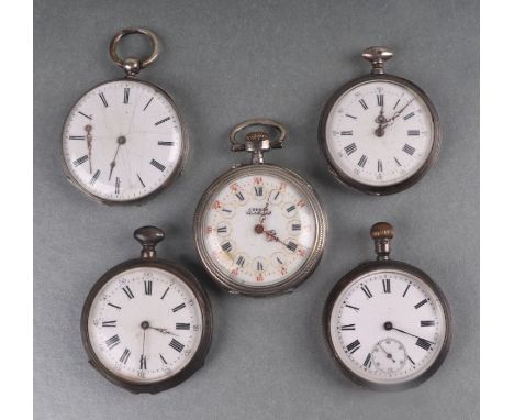 A group of silver cased open faced pocket / fob watches, the white enamel dials with Roman numerals, various dates and makers