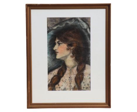 A pre-Raphaelite inspired portrait of a young lady, pastel and crayon, inscription to verso, New Zealand to Wit, framed &amp;