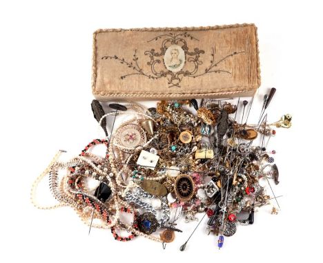 A quantity of costume jewellery to include hat pins.