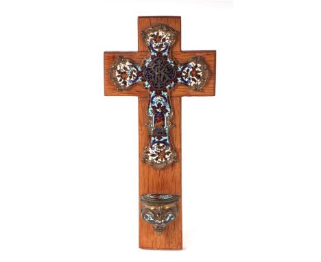A French champlevé enamel crucifix above a holy water font, overall 27cms high.Condition ReportAll is in good condition.