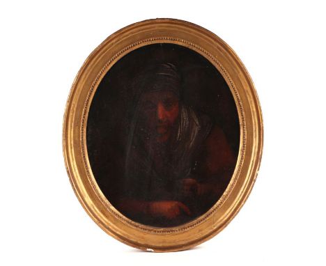 18th century school - The Money Lender - oval oil on panel, framed, 28 by 33cms.