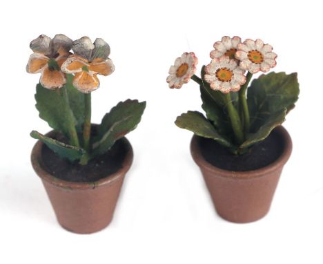 Two vintage doll's house size Vienna cold painted bronze flower pots with pansies, each approx 3.5cms high (2).Condition Repo