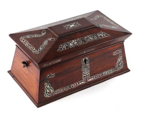 A William IV rosewood sarcophagus form tea caddy with mother of pearl inlay decoration, 34cms wide.Condition ReportMissing it
