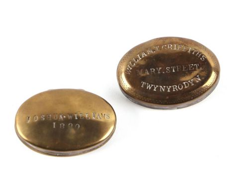 A 19th century oval brass snuff box named to Joshua Williams and dated 1890; together with another similar to William T Griff