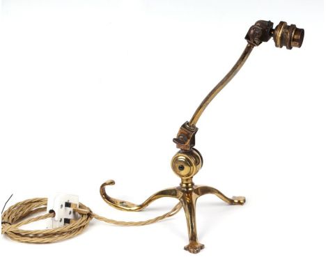 A WAS Benson Arts &amp; Crafts lacquered brass tripod table lamp with adjustable column and light fitting, correct impressed 