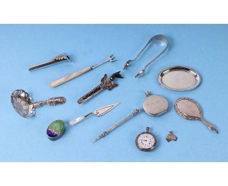 A small quantity of silver items to include a Georgian caddy spoon; an enamel pill box; pickle fork; scent flask; posy holder