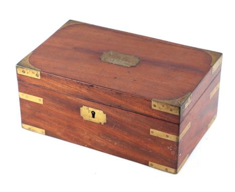 A 19th century mahogany twin-compartment tea caddy with military brass corners and plaque to the lid, engraved 'CJ Wilson, 59