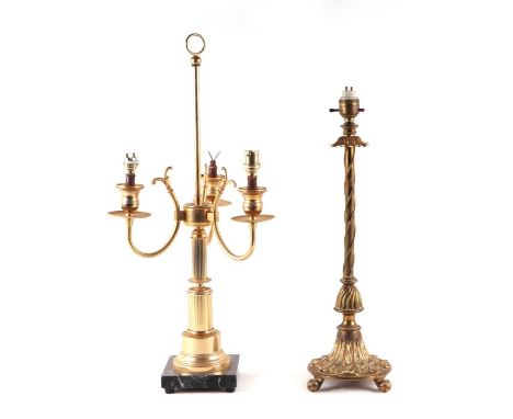 A Regency style three branch gilt metal table lamp on a marble base, 58cms high; together with a Victorian style brass table 