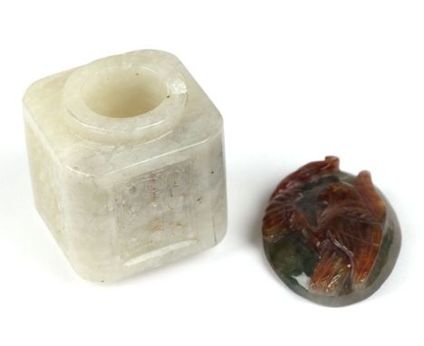 A Chinese Ming style Cong shaped jade carving; together with a carved jade plaque depicting a bird holding a shell, both appr