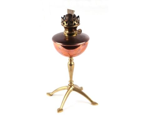 An Arts &amp; Crafts Benson copper and brass oil lamp, stamped 'Benson' to one foot, 29cms high.Condition ReportLooks to be i