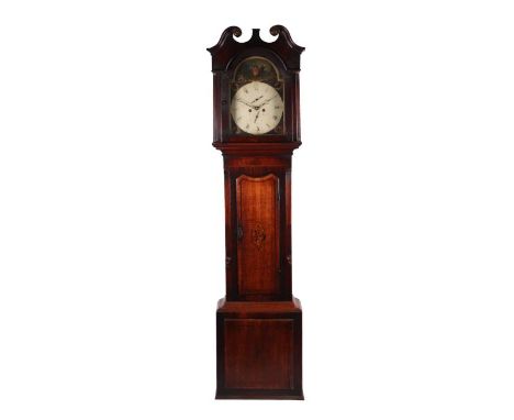 A mahogany cased longcase clock, the 34cm painted square arched dial with Roman and Arabic numerals and subsidiary seconds di