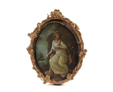 An 18th / 19th century portrait miniature depicting Hope seated on rocks beside an anchor with a sailing ship in the backgrou