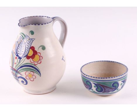 A Carter Stabler Adams Poole Pottery jug decorated with stylised flowers, 19cms high; together with a similar bowl, 12cms dia