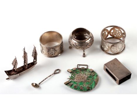 A collection of late 19th / early 20th century Chinese  silver Export items to include a Wang Hing silver miniature fighting 