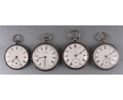 A group of silver cased open faced pocket watches with enamel dials and Roman numerals and subsidiary seconds dials, various 