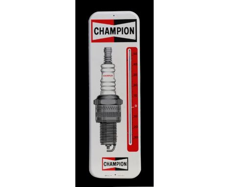 An original 1960's Champion Spark Plugs pictorial thermometer enamel advertising sign incorporating a Champion spark plug and