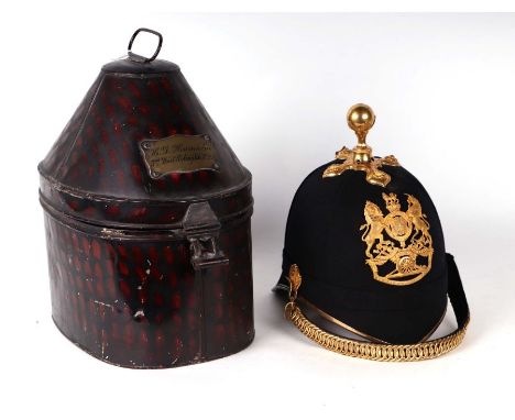 An 1879 pattern Royal Artillery Officer's helmet, belonged to Captain Harold George Howson MC CBE, in original japanned tin c