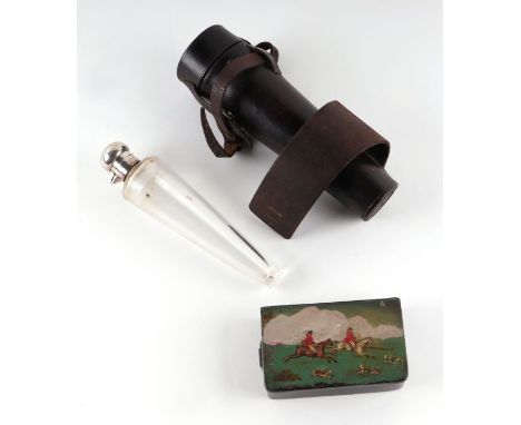 A late 19th / early 20th century leather cased tapering glass hunting flask with silver plated mounts, 23cms high; together w