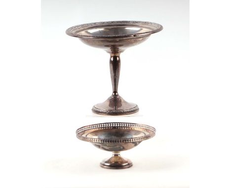 A George V silver shallow pedestal bowl with pierced rim, 96g, 13cms diameter; together with an American sterling silver pede