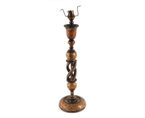 A Kashmiri style open spiral twist candlestick converted to a table lamp, 40cms high.