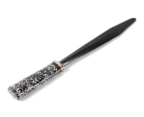 A 19th century enamel handled page turner with ebony blade, 31cms long.