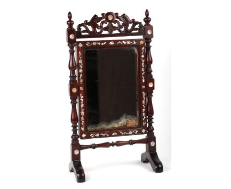 A late 19th / early 20th century Chinese hardwood swing table top vanity mirror inlaid with mother of pearl, 26csm wide.
