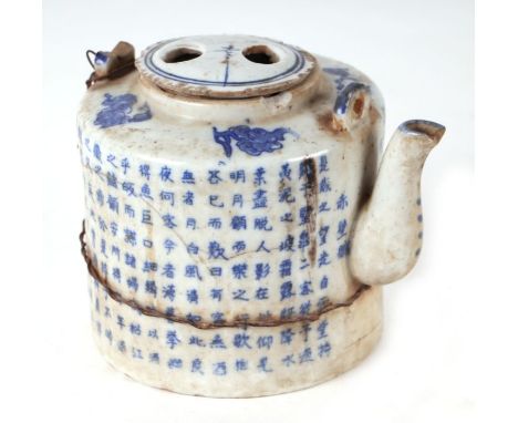 A Chinese blue &amp; white porcelain teapot and cover decorated with panels of calligraphy, 13cms wide.