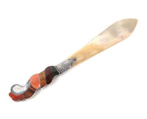A Victorian Scottish white metal and agate set letter opener with mother of pearl blade, 22cms long.