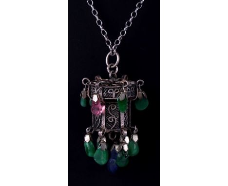 A Chinese silver metal miniature novelty lantern pendant set with sapphire, tourmaline and jade stones.