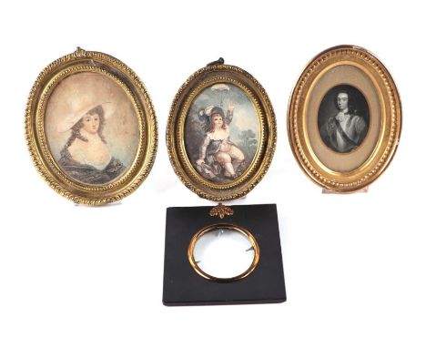 A group of portrait miniature frames to include two 18th century brass fronted oval frames; and a Green &amp; Co. papier-mâch