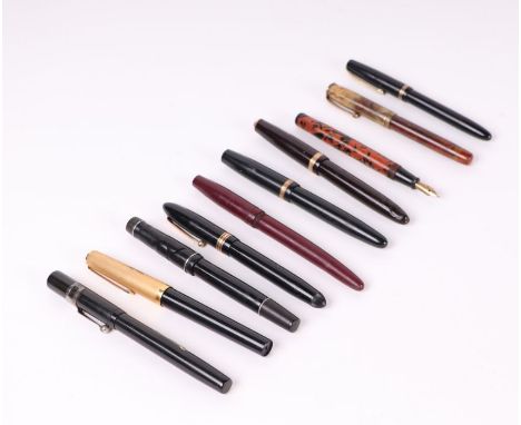 A group of ten vintage fountain pens to include Osmiroid, Parker and Swan; together with a Watermans fountain pen box.