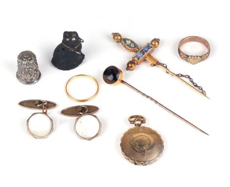 A collection of jewellery and other items to include a gold mounted Blue John stick pin and a Victorian hair ring.