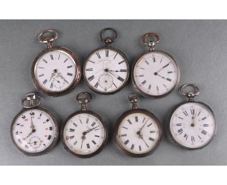 A group of silver cased open faced pocket watches, the white enamel dials with Roman numerals, various dates and makers marks