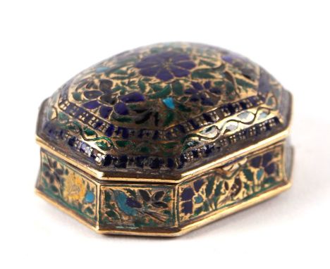 An Indian Lucknow white metal gilt and enamel snuff box, possibly 18th century, 6cms wide.Condition Reportlosses to the ename
