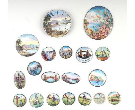 A collection of small painted enamel plaques to include buildings, sporting related including cricket, landscapes and a penny