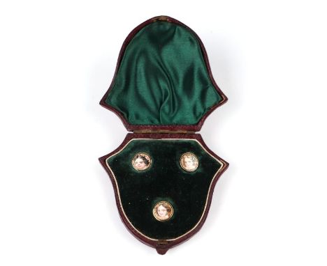 A set of French 18ct gold and enamel miniature portrait shirt studs, in a fitted case.