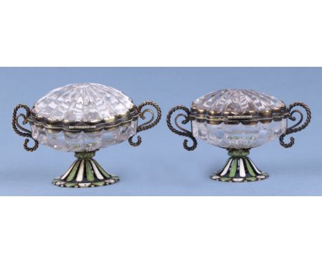 A pair of continental silver gilt and enamel rock crystal lidded salts. 5cm high 