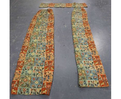 A pair of mid-20th century printed cotton curtains, possibly produced for the 1953 coronation, length 260cm, width at hem 170