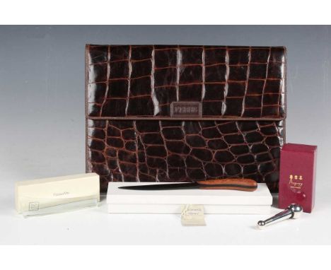 A Gianfranco Ferré crocodile skin document case, length 37cm, an Asprey bottle stopper, boxed, a Fontana Arte glass paperknif