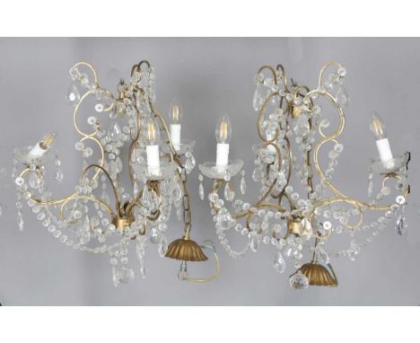 A pair of mid-20th century gilt painted wirework and clear glass three-light chandeliers, width 45cm.